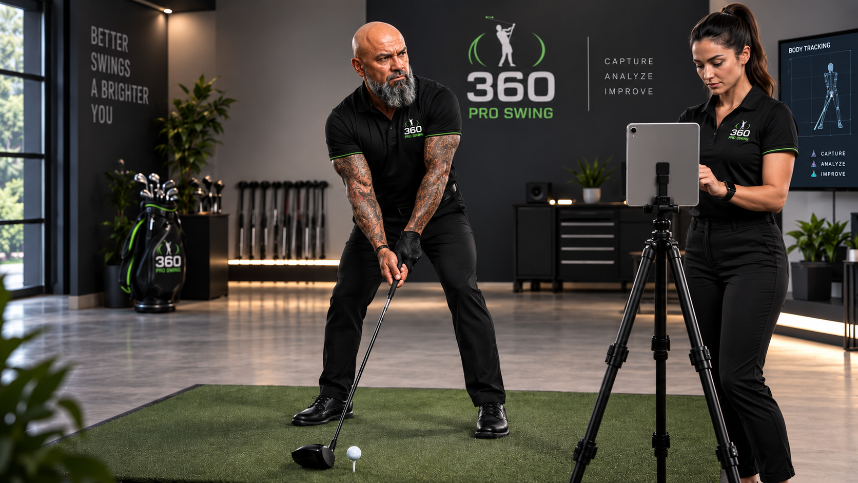 Golfer using iPhone and iPad camera body tracking with a skeleton overlay