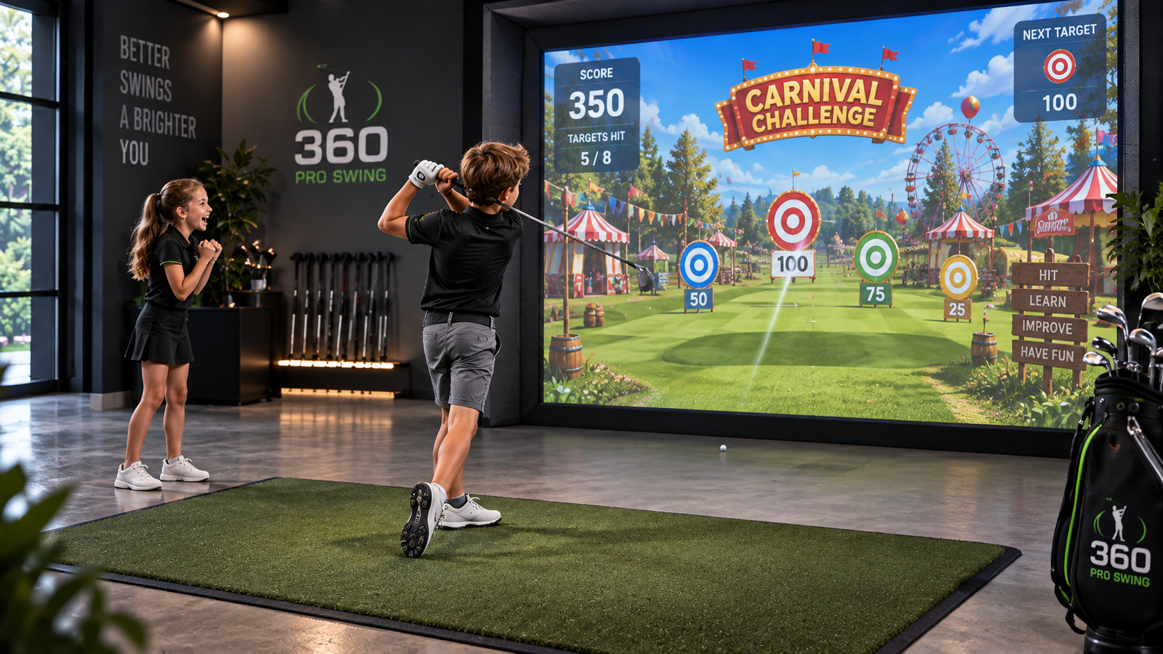 Kids using a 360 Pro Swing carnival golf training game