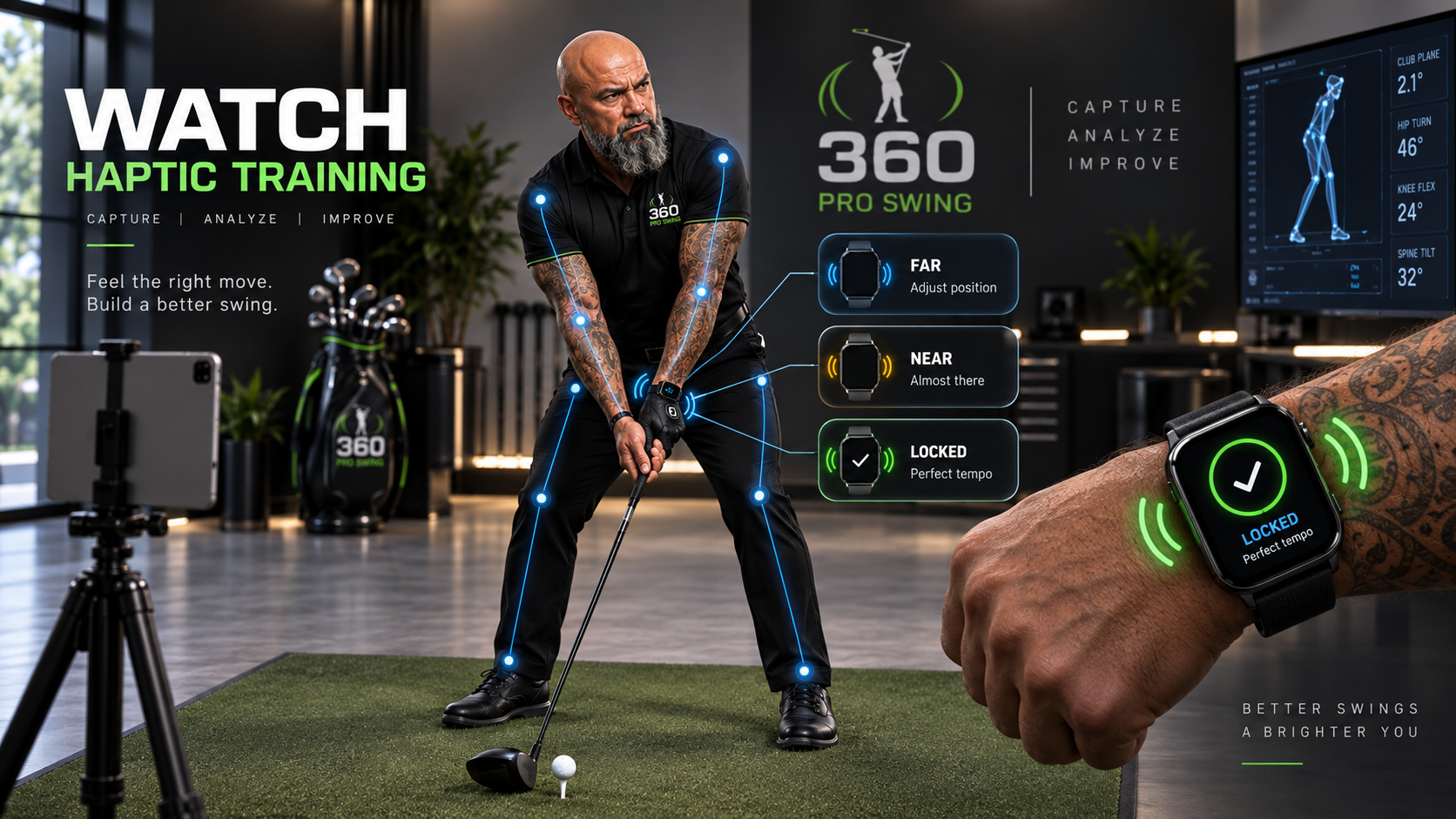 Watch delivering haptic guidance during 360 Pro Swing golf training