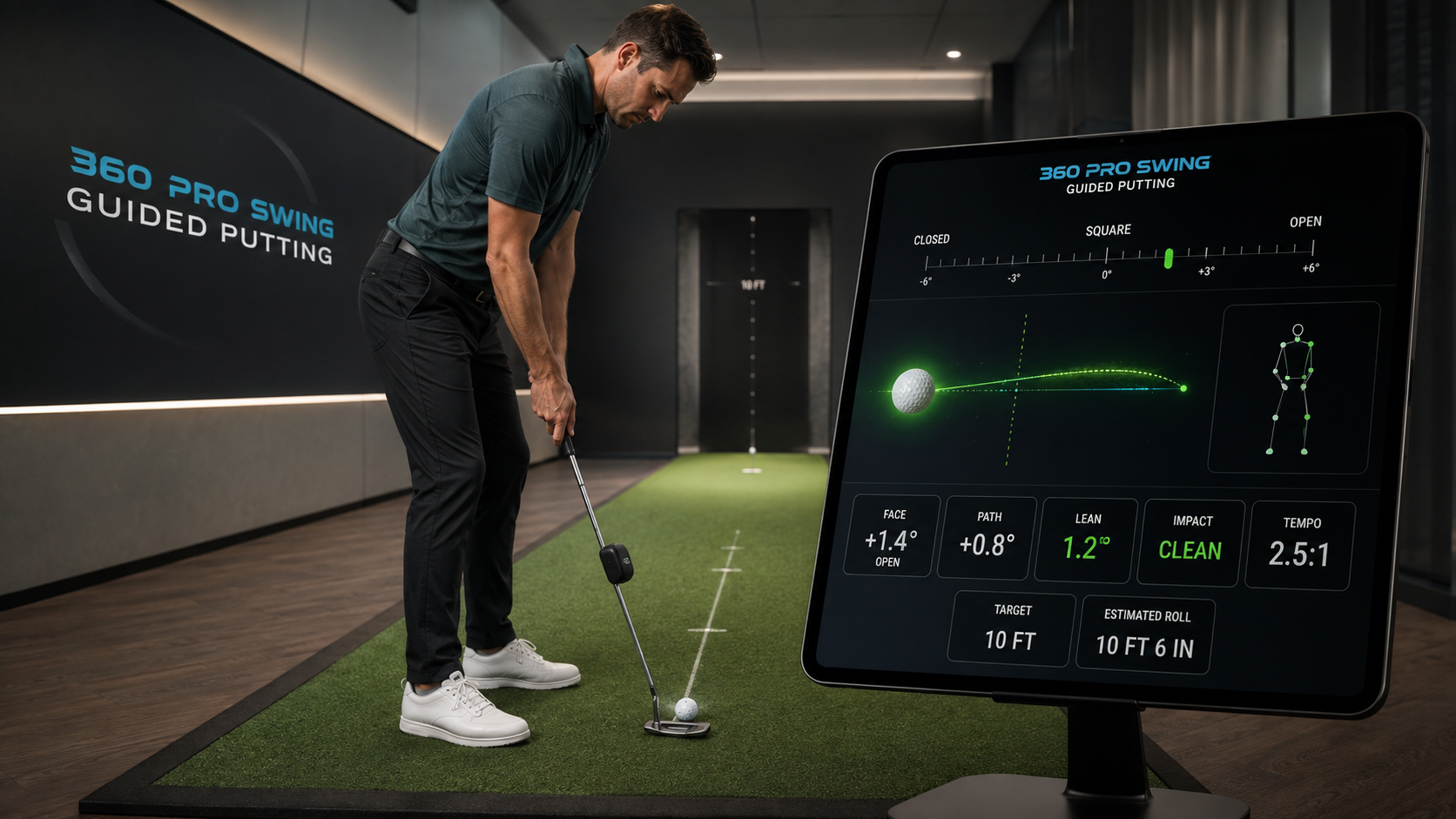 Golfer using a real putter with 360 Pro Swing Sensor and professional iPad guided putting analysis