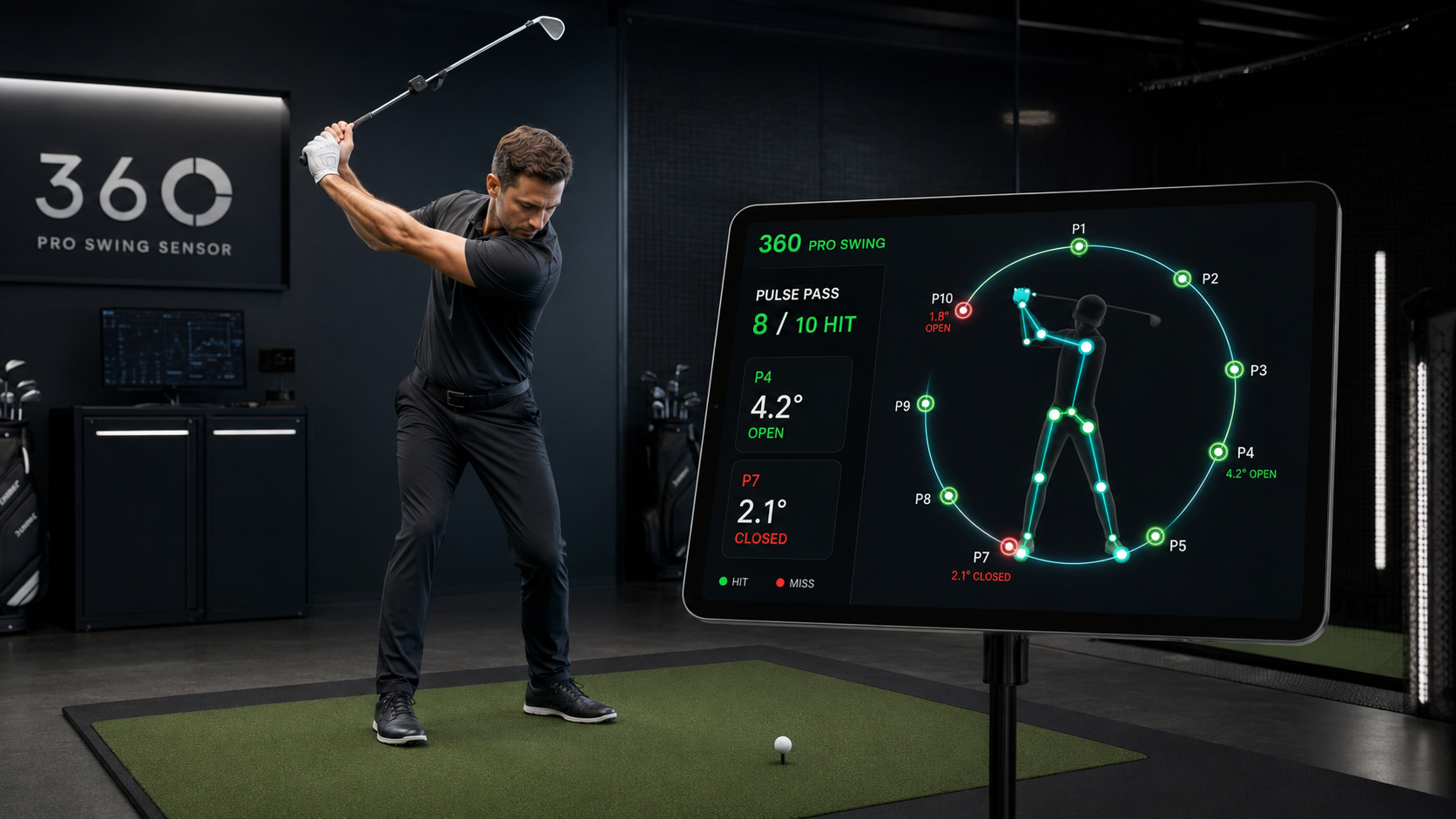 Golfer using a real golf club with 360 Pro Swing Sensor while an iPad displays P1 through P10 body tracking and Pulse Pass results