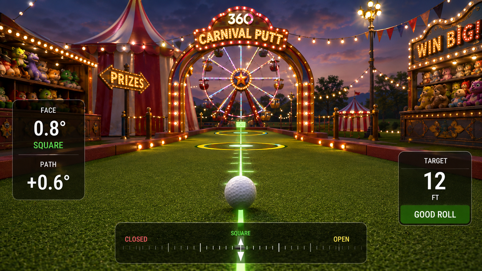 Carnival guided putting trainer showing square open and closed putter face feedback and a 12 foot target