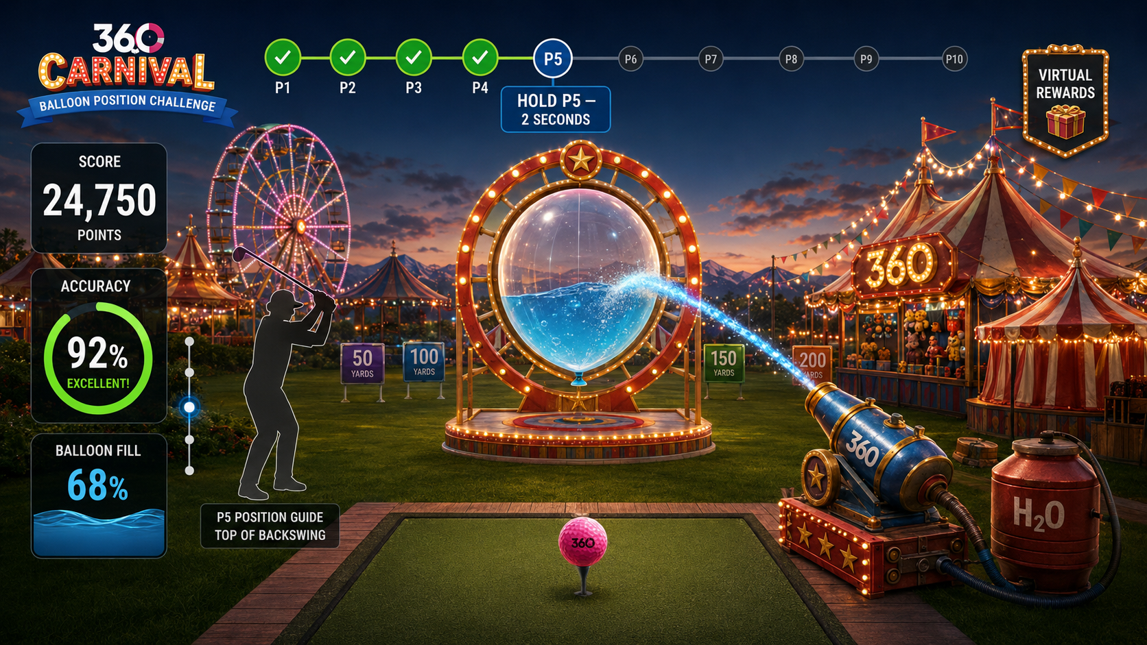 360 Pro Swing P1 through P10 balloon position golf swing training game with two-second pose holds