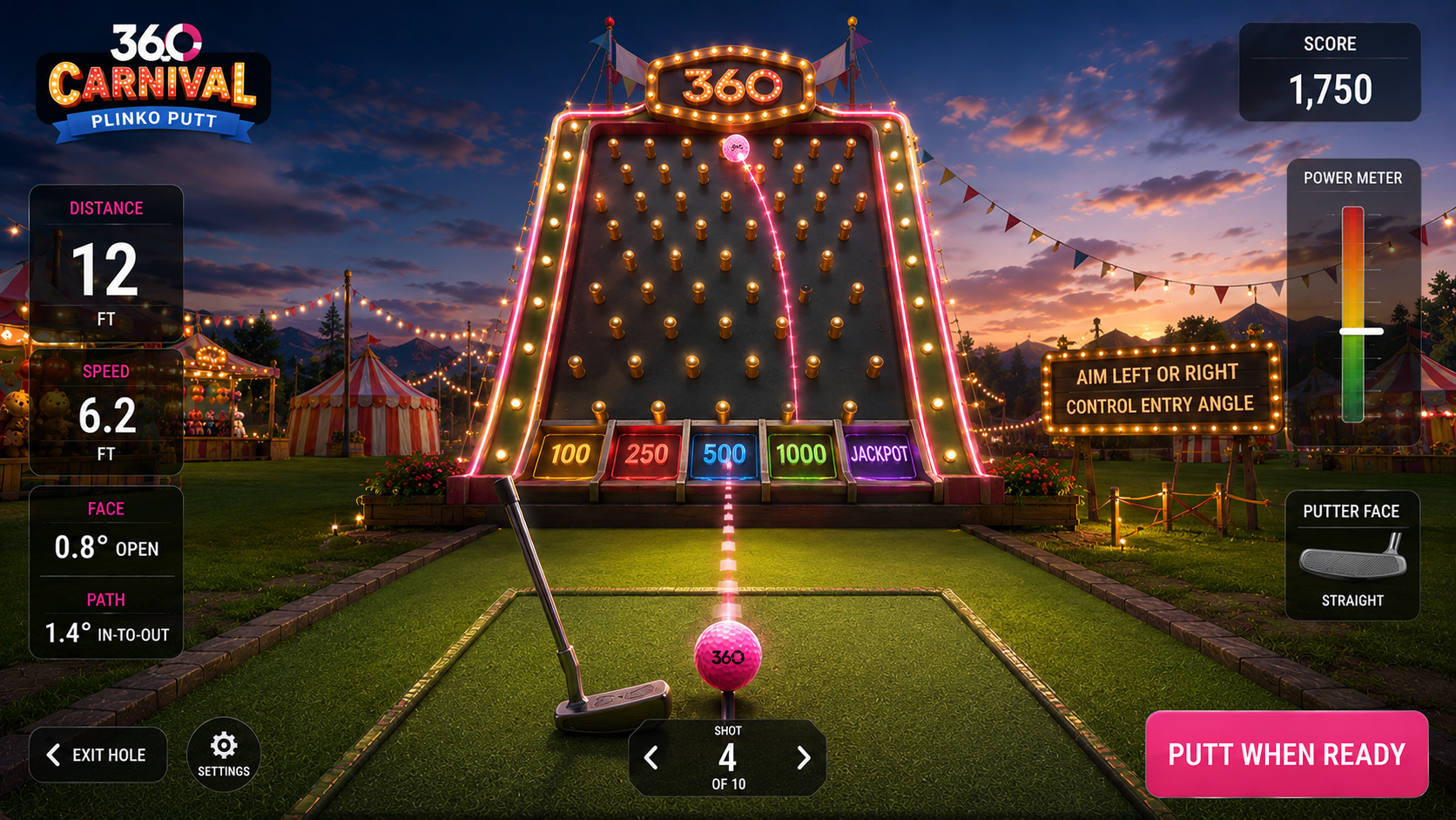 360 Pro Swing Plinko Putt carnival putting game with illuminated scoring slots