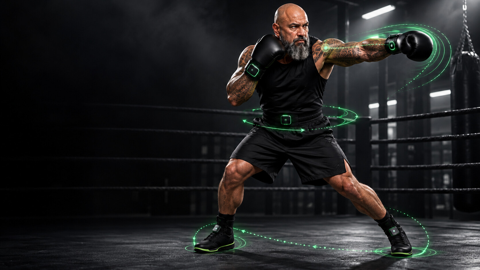 360 Boxing AI five-sensor training concept with sensors at both gloves, both shoelaces, and the center waist