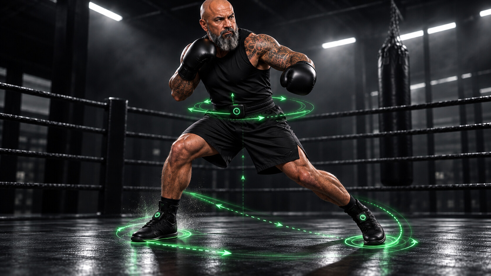 Boxing shoelace and waist sensors analyzing stance, footwork rhythm, pivots, and hip rotation