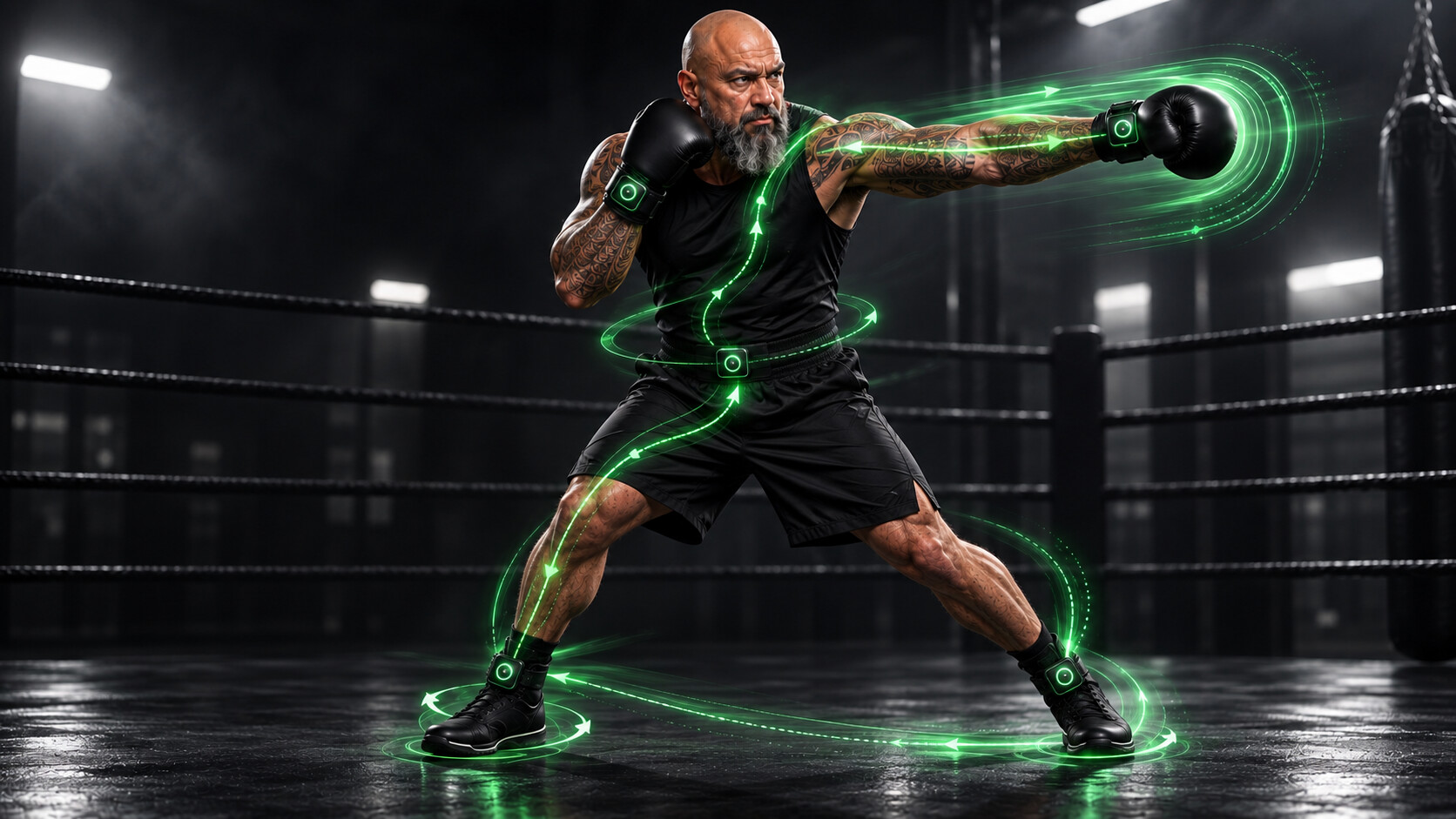 Five connected boxing motion sensors showing movement from the feet through the hips and into the gloves